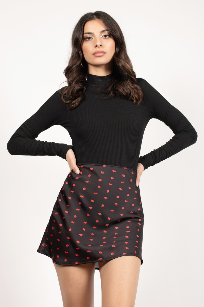 Kiss And Makeup Satin Mini Skirt in Black Multi - $23 | Tobi US